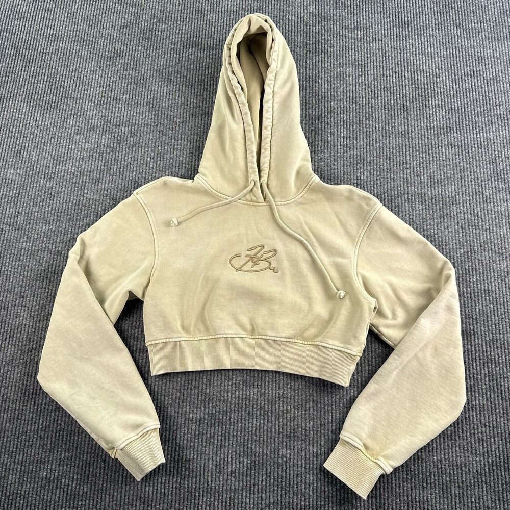 FUBU Crop Hoodie Women M Beige Embroidered Logo Y2K Streetwear Pullover Cozy